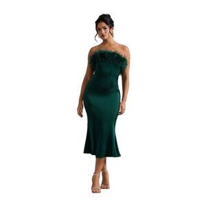 Satin Feather Trim Bandeau Midi Dress in Bottle Green